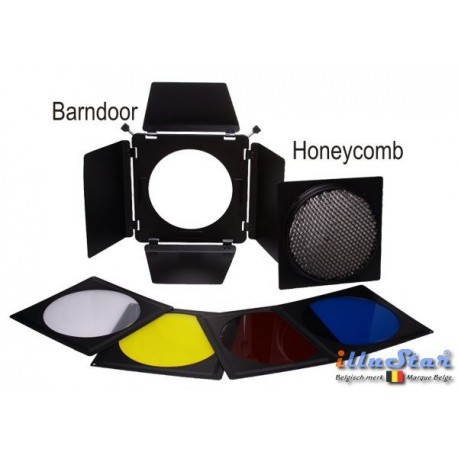 BD23 - 4-kleppenset inclusief 4 kleurenfilters & honingraat - past op reflectors van ø18 tot ø23cm - illuStar