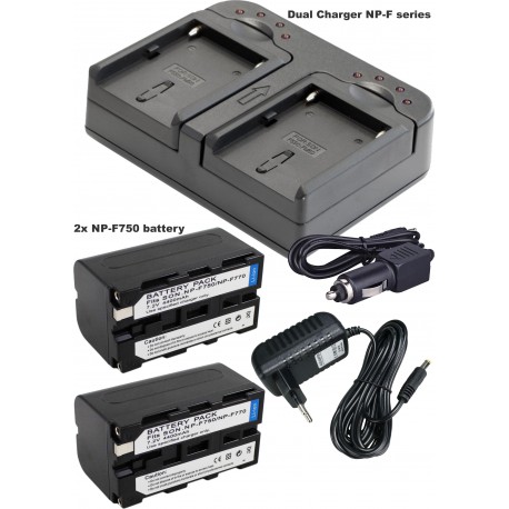 BATK2F750 - 2x NP-F750 batteries Li-ion 4400mAh + Chargeur double avec adaptateur voiture 12V et adaptateur secteur 220V