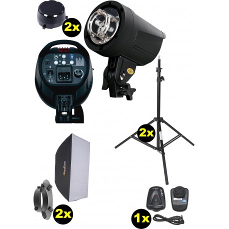 Kit flash de studio, 2x FS-300DR 300 Ws Affichage numériqe, 2x trépied 195cm, 2x boîte à lumière 50x70cm, RT-604T - illuStar