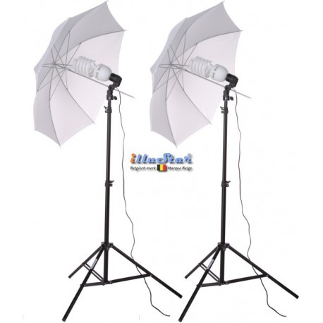 Kit éclairage continu studio, 2x 105W Lampe fluorescente à spirale, 2x Trépied 190cm, 2x Parapluie blanc diffus ø84cm - illuStar