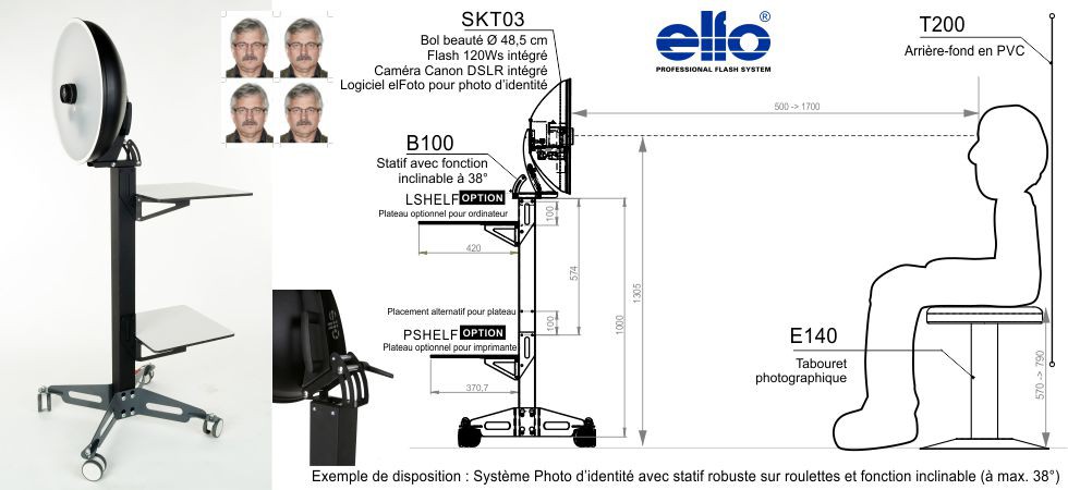 SKT03-ID-B100 - Système Photo d’identité avec statif robuste sur roulettes et fonction inclinable - Bol beauté avec flash 120Ws et appareil photo Canon DSLR intégré, B100 Statif, logiciel photo d’identité