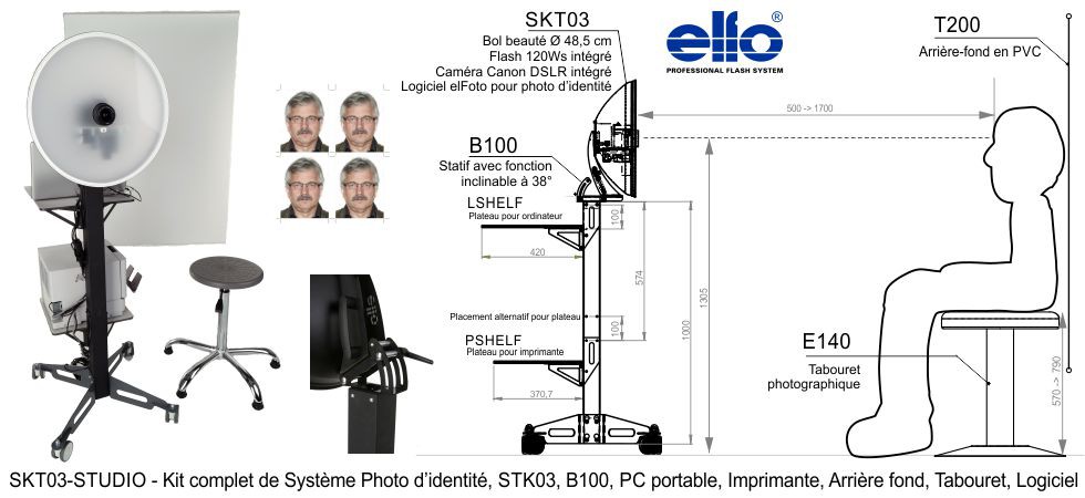 SKT03-STUDIO - Kit complet de Système Photo d’identité, STK03, B100, PC portable, Imprimante, Arrière fond, Tabouret, Logiciel