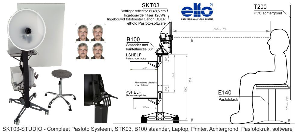 SKT03-STUDIO - Compleet Pasfoto Systeem, STK03, B100 staander, Laptop, Printer, Achtergrond, Pasfotokruk, software